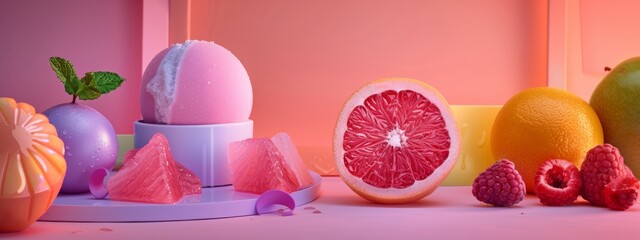 Fruity skincare products and fresh fruit on a pastel background