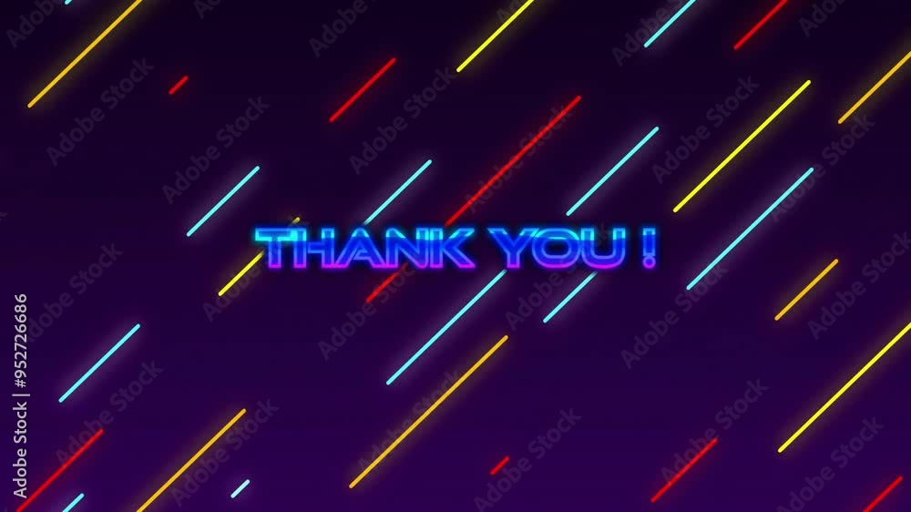 Poster thank you! text animation over colorful diagonal lines on dark background