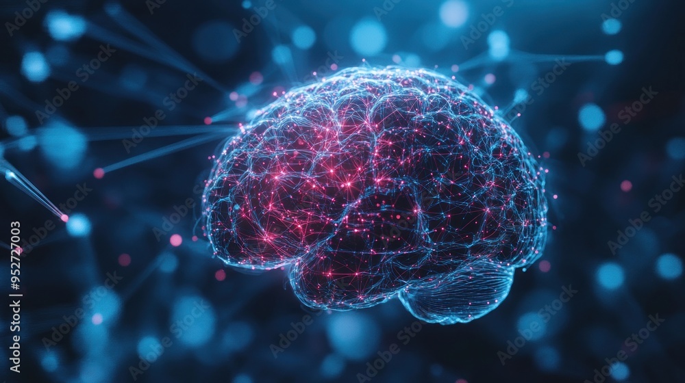 Aufkleber brain made of glowing connections on blue background, artificial intelligence concept design with ne