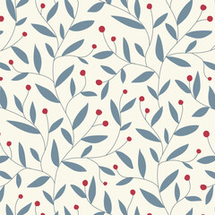 Elegant seamless pattern of hand drawn continual branches with gray leaves and red berries on beige