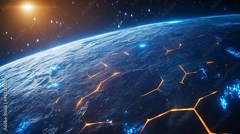 Poster a glowing hexagonal pattern on a blue planet surface