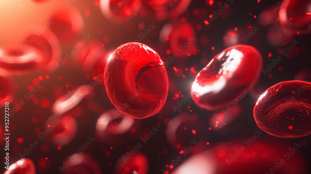 Poster Close-up view of red blood cells floating in plasma with light reflections