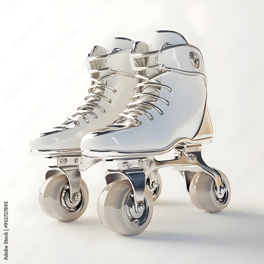 Poster vintage inline skates with gleaming chrome frames on minimalist white studio setting