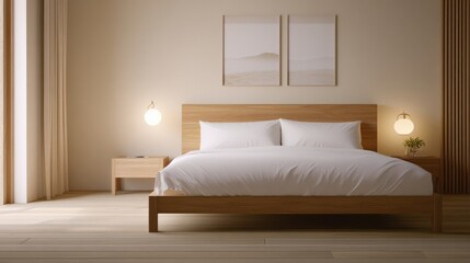 Fototapeta premium A serene and modern bedroom featuring a wooden bed, soft white bedding, and calming artwork on the walls, creating a cozy atmosphere.