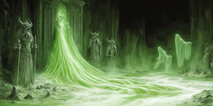 Enchanting green spectral figure amid ancient ruins with ghostly figures, draped in ethereal light radiating a mystical ambiance