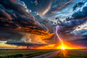 Obraz premium A stormy sky with a bright orange sun in the background. A lightning bolt is seen in the sky