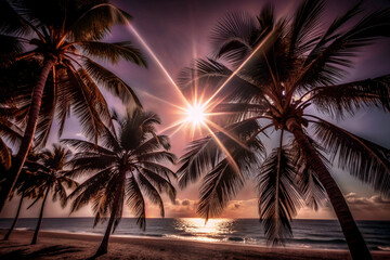 Fototapeta premium A beautiful sunset over the ocean with palm trees in the background. The sun is shining brightly, casting a warm glow over the scene. The colors of the sky and water are vibrant and calming