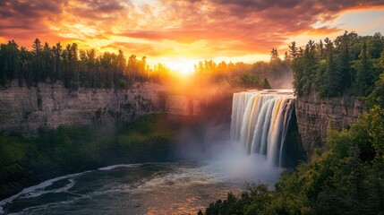 waterfalls cascading into the roiling river below. surrounded by lush forest cliffs. the sky glows with the warm hues of sunrise or sunset