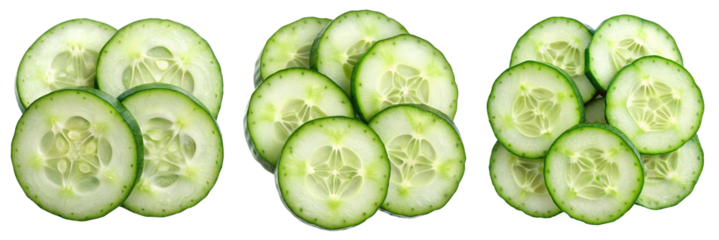 Six Green Cucumber Slices with Clear Texture and Crisp Edges on Transparent Background