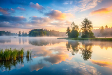 A lake with a cloudy sky in the background. The sky is orange and pink