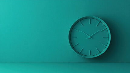 A simple clock with black hands and Roman numeral markings on a teal wall.
