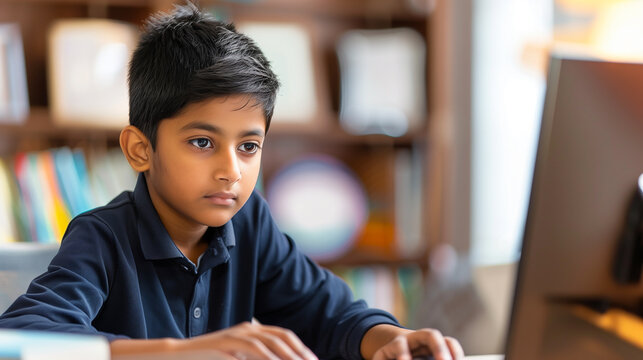 Asian Indian school kid studying at home on computer