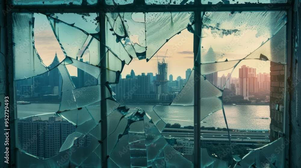 Poster cracked window with large broken sections, cityscape in the background