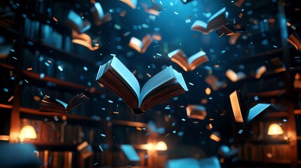 Magical scene of flying books in a dimly lit library, representing knowledge, fantasy, and imagination. Perfect for education-themed projects.