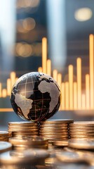 Global financial growth concept with a globe on stacked coins and an upward stock market graph in the background.