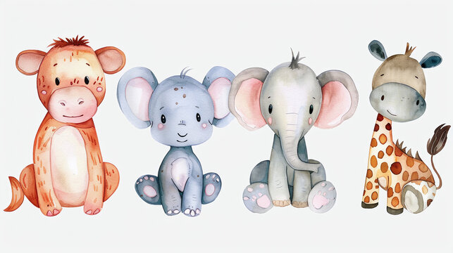 2d cute animals watercolor illustration, painting of tiny little animal, colorful soft pastel cartoon character design model sheet