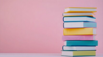 A stack of colorful hardcover books with a light solid color background, creating a cozy reading atmosphere