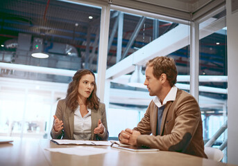 Business people, boardroom or discussion in meeting with documents for budget planning or sales...