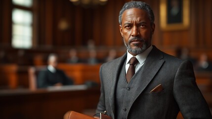 Confident African-American lawyer standing firmly in a courtroom, exuding authority and professionalism while preparing for a legal case