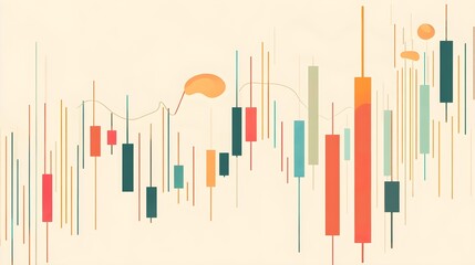 A dynamic illustration of candlestick patterns with rising and falling prices, emphasizing market volatility on a light solid color background