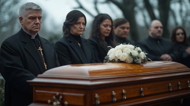 Grieving mourners dressed in black standing solemnly around a casket with white roses during a funeral service on a gloomy day
