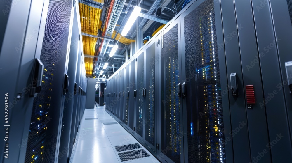 Poster data center aisle with numerous servers and advanced cooling systems