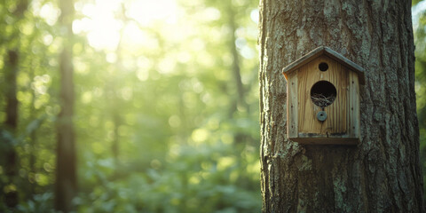 A wooden birdhouse mounted on a tree trunk in a sunlit forest, surrounded by lush green foliage, symbolizing nature and tranquility.

