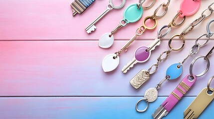 A collection of personalized keychains arranged neatly on a light wooden surface, against a pastel background