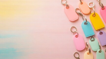A collection of personalized keychains arranged neatly on a light wooden surface, against a pastel background