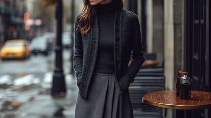 Chic Elegance: Classic Charcoal Cardigan with Herringbone Patterns - Perfect for a Rainy Day Café Scene; Ideal for Fashion Posters and Sophisticated Interior Décor.