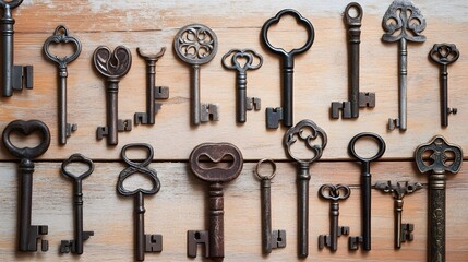 A collection of antique keys displayed on a wooden surface, with a light solid color background that enhances the details