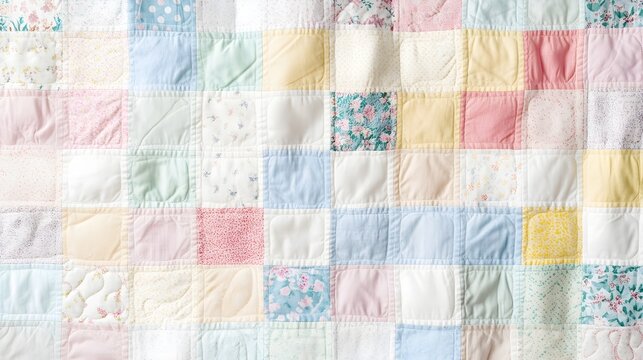 A beautifully arranged patchwork quilt showcasing intricate stitching patterns in soft pastel colors, set against a light solid color background