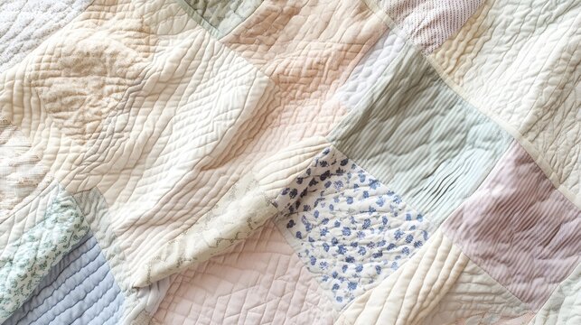 A beautifully arranged patchwork quilt showcasing intricate stitching patterns in soft pastel colors, set against a light solid color background