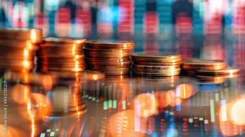 Poster Double exposure of graph overlaying stock display and rows of coins for finance and banking concept
