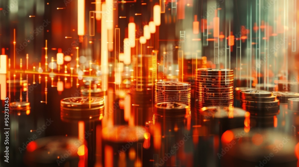 Poster Double exposure of graph overlaying stock display and rows of coins for finance and banking concept
