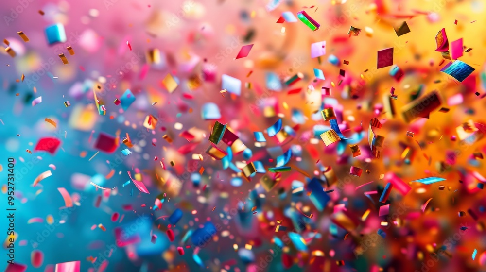 Poster dynamic multicolored abstract background with many small falling pieces, high contrast, vibrant hues