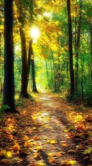 Obraz premium A path through an autumnal forest with sun shining through the trees.