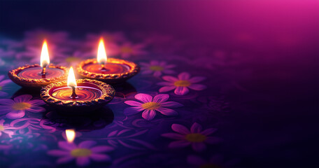 Festival of Lights  Happy Diwali festival with oil lamp, Rangoli decoration with Diya, Diwali holiday Background vibrant purple background