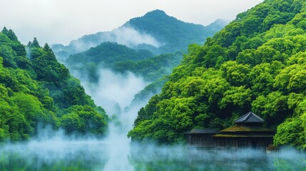 Fototapeta premium Serene Green Forest with Misty River and Mountain View Featuring Traditional Rural House Nestled Among Verdant Trees