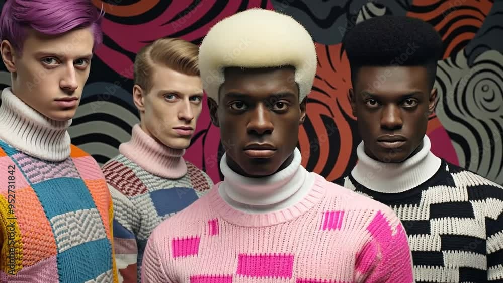 Poster fashion models pose in colorful sweaters against abstract background generative ai