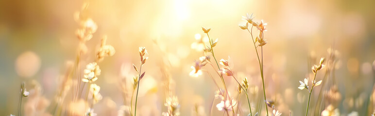 A field of grass flowers light up by a calm morning light. An inspirational nature image for aesthetic of spring design. Spring nature in soft pastel earth tone blurred background. 