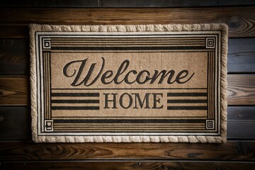 A vintage cream-colored doormat features a timeless grey and white stripe pattern, ornate borders, and a contemporary "Welcome Home" message in bold cursive script.