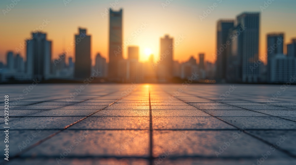 Poster empty square in front of modern city skyline during sunset with clear sky and soft lighting