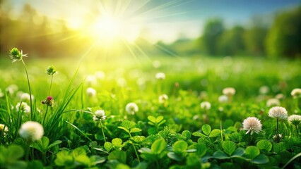 Obraz premium Green field of lush grass and clover, peaceful background, green, field, grass, clover, meadow, background, nature, landscape