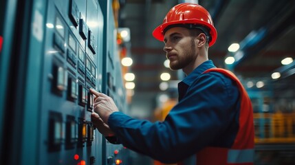 Industrial Control: A focused and determined industrial worker operates a complex control panel, showcasing the precision and expertise required in modern manufacturing. The image captures the essence