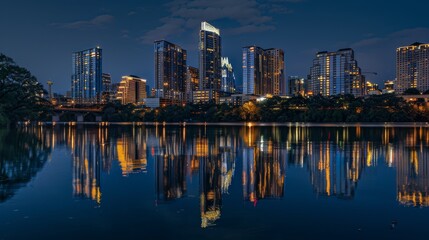 Fototapeta premium Evening panorama of Austin skyline with illuminated buildings