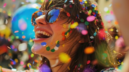 Excited woman at carnival covered in rainbow confetti