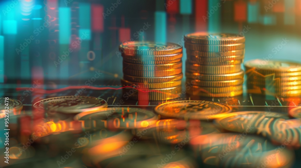 Poster Finance and banking concept with graph and stock display double exposure on coins