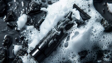 A tube of black toothpaste lies in the white foam that fills the screen