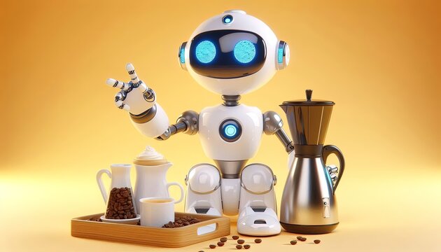 A friendly robot holds a coffee pot, with a cup of coffee, creamer, and coffee beans on a wooden tray.